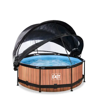 EXIT Wood opzetzwembad met overkapping, schaduwdoek en filterpomp bruin Ø244x76cm 2