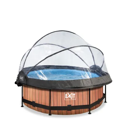 EXIT Wood opzetzwembad met overkapping, schaduwdoek en filterpomp bruin Ø244x76cm 3