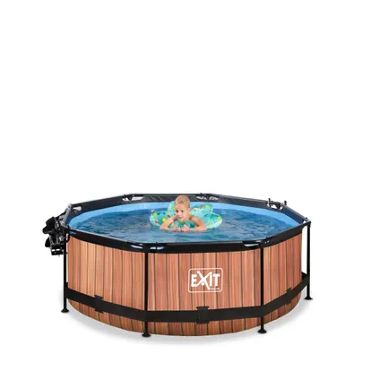EXIT Wood opzetzwembad met overkapping, schaduwdoek en filterpomp bruin Ø244x76cm 8