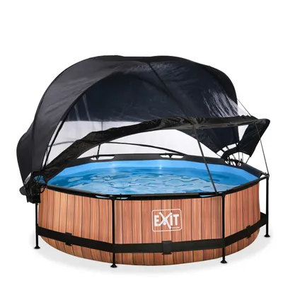 EXIT Wood opzetzwembad met overkapping, schaduwdoek en filterpomp bruin Ø300x76cm 2
