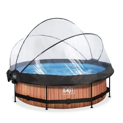 EXIT Wood opzetzwembad met overkapping, schaduwdoek en filterpomp bruin Ø300x76cm 3