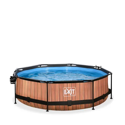 EXIT Wood opzetzwembad met overkapping, schaduwdoek en filterpomp bruin Ø300x76cm 4