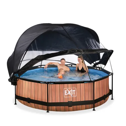 EXIT Wood opzetzwembad met overkapping, schaduwdoek en filterpomp bruin Ø300x76cm 7