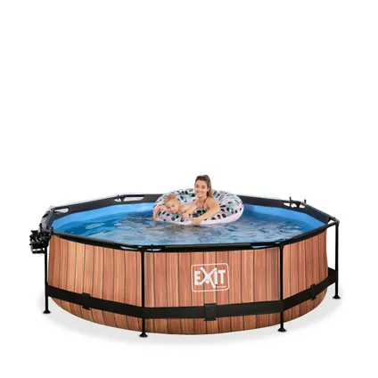 EXIT Wood opzetzwembad met overkapping, schaduwdoek en filterpomp bruin Ø300x76cm 8