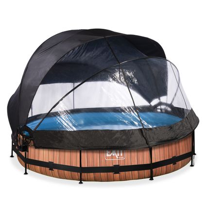 EXIT Wood opzetzwembad met overkapping, schaduwdoek en filterpomp bruin Ø360x76cm
