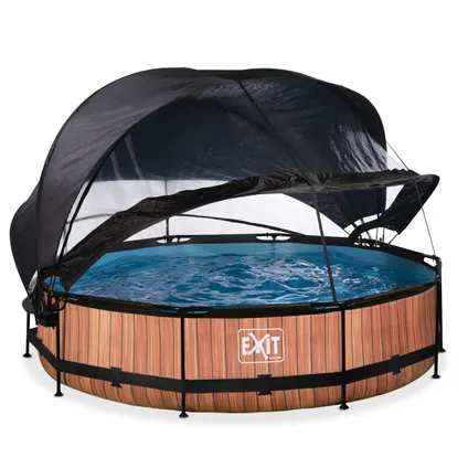 EXIT Wood opzetzwembad met overkapping, schaduwdoek en filterpomp bruin Ø360x76cm  2