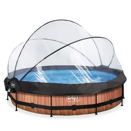 EXIT Wood opzetzwembad met overkapping, schaduwdoek en filterpomp bruin Ø360x76cm  3