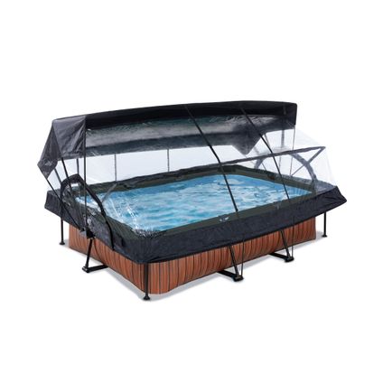 EXIT Wood opzetzwembad met overkapping, schaduwdoek en filterpomp bruin 220x150x65cm
