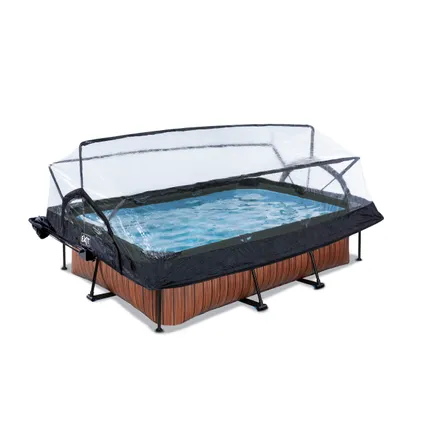 EXIT Wood opzetzwembad met overkapping, schaduwdoek en filterpomp bruin 220x150x65cm 3