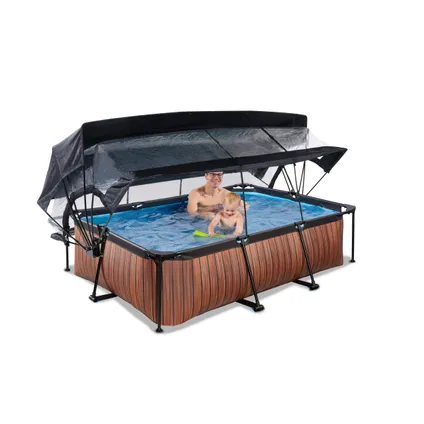 EXIT Wood opzetzwembad met overkapping, schaduwdoek en filterpomp bruin 220x150x65cm 9
