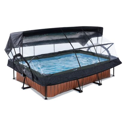 EXIT Wood opzetzwembad met overkapping, schaduwdoek en filterpomp bruin 300x200x65cm