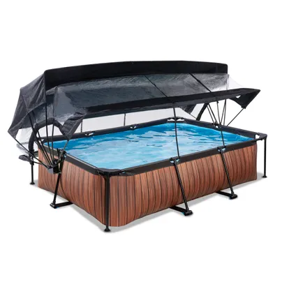 EXIT Wood opzetzwembad met overkapping, schaduwdoek en filterpomp bruin 300x200x65cm  2
