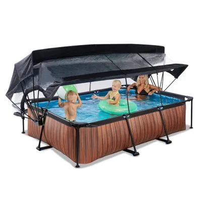 EXIT Wood opzetzwembad met overkapping, schaduwdoek en filterpomp bruin 300x200x65cm  9