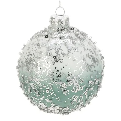 Kerstbal fonkeling glas petrol-wit 8cm