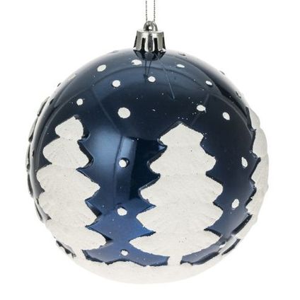 Kerstbal denneboom plastic nachtblauw-wit 10cm