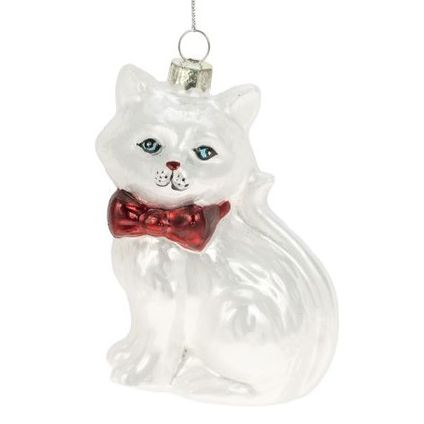 Kerstboomhanger kat met strik glas wit-rood 9cm