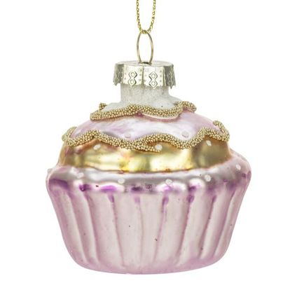 Kerstboomhanger cupcake glas roze-goud 7cm