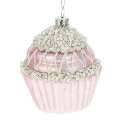 Kerstboomhanger sneeuw cupcake glas roze 6cm