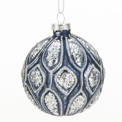 Boule de Noël  déco verre bleu-paillettes blanc 8cm