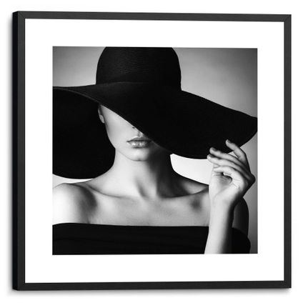 Decoratief paneel Vrouw buste zwarte hoed 53x53cm MDF
