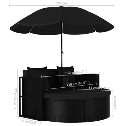 vidaXL Tuinbed met parasol poly rattan zwart 8