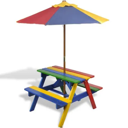 vidaXL Kinderpicknicktafel met banken en parasol hout meerkleurig 6