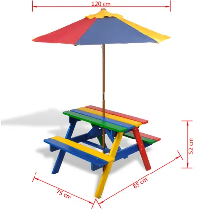 vidaXL Kinderpicknicktafel met banken en parasol hout meerkleurig 7