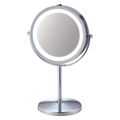 Miroir de maquillage rond grossissant 5x sur pied avec éclairage LED chrome Ø17,5cm