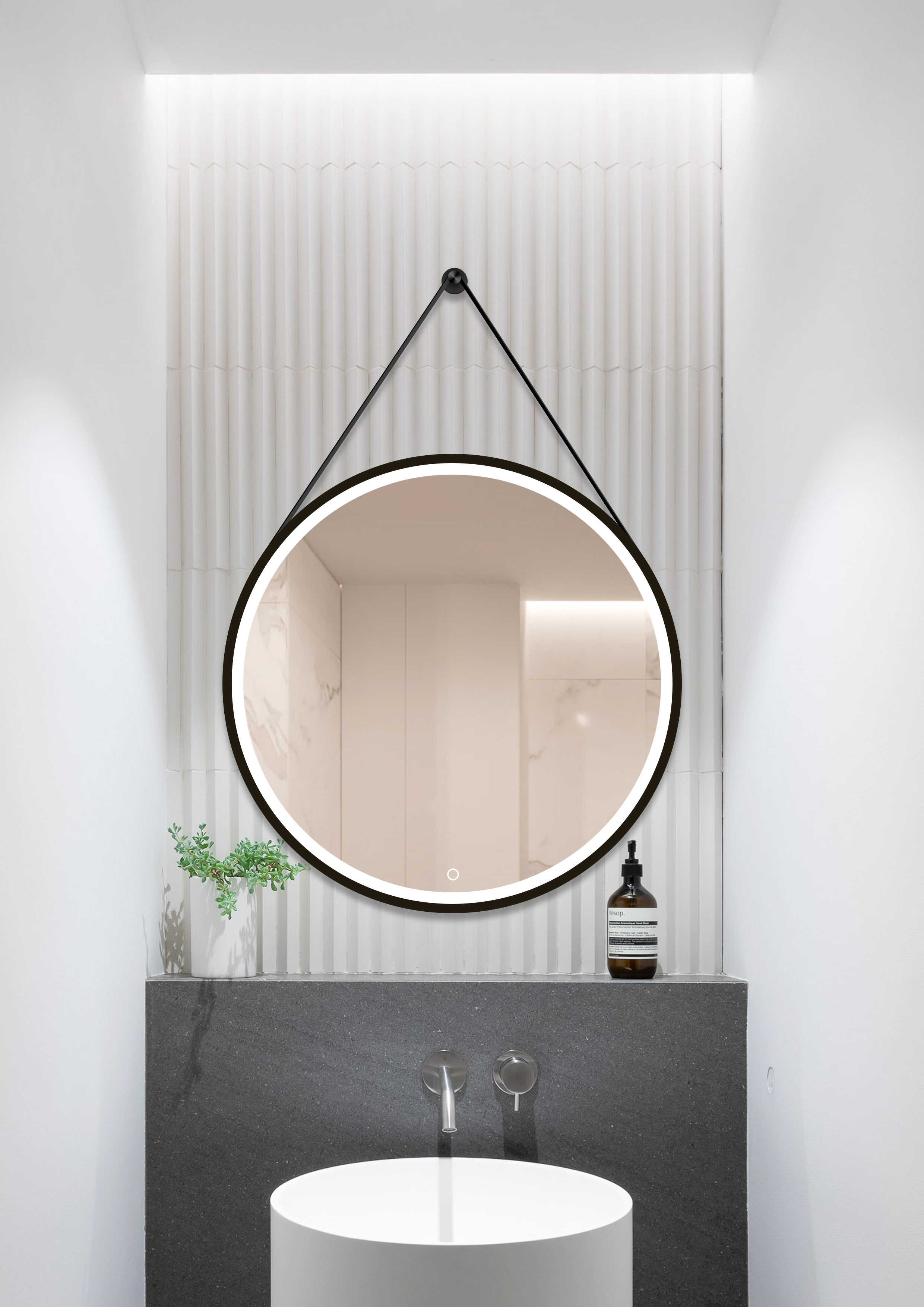 kwaliteit omhelzing Grondig Spiegel Barber rond met verlichting touch sensor en spiegelverwarming zwart  Ø75cm