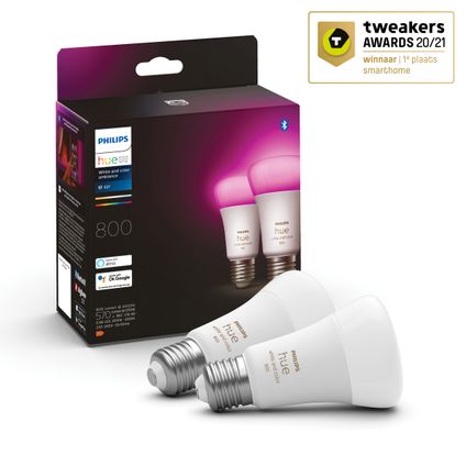 Ampoule LED intelligente Philips Hue E27 6,5W lumière blanche et colorée 2 pièces