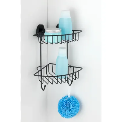 Etagère de douche angulaire Wenko Bari double 2 crochets avec pompe Vacuumloc noire 3