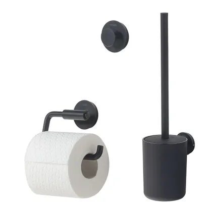 Ensemble d'accessoires de toilettes Tiger Urban porte-brosse WC + porte-rouleau papier toilette sans rabat + crochet porte-serviette noir