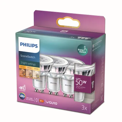 Spot LED Philips SceneSwitch blanc chaud GU10 4,8W 3 pièces 3