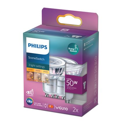 Spot LED Philips SceneSwitch blanc chaud GU10 5,8W 2 pièces