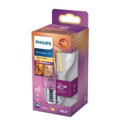 Philips ledfilamentlamp dimbaar warm wit E27 3,4W