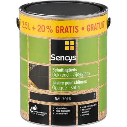 Laque couvrante Sencys Fence Stain satin RAL7016 3L 2