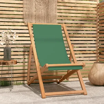 vidaXL Chaise de plage pliable Bois de teck solide Vert 2
