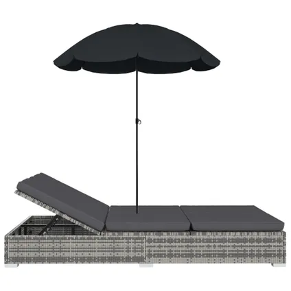 vidaXL Loungebed met parasol poly rattan grijs 4