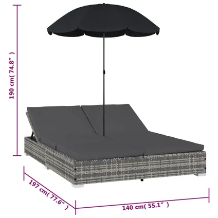 vidaXL Loungebed met parasol poly rattan grijs 9
