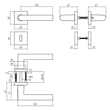 Intersteel deurkruk Broome met rozet 50x50x10mm + 7mm nokken met sleutelplaatjes zwart 2