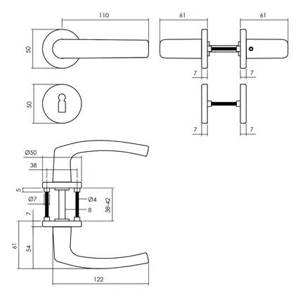 Intersteel deurkruk Denham met rozet ø50x7mm + 7mm nokken met sleutelplaatjes zwart 2