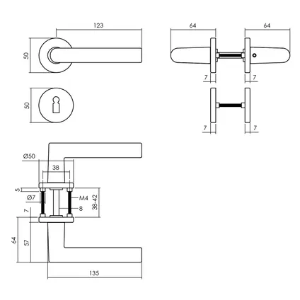Intersteel deurkruk Broome met rozet ø50x7mm + 7mm nokken met sleutelplaatjes zwart 2