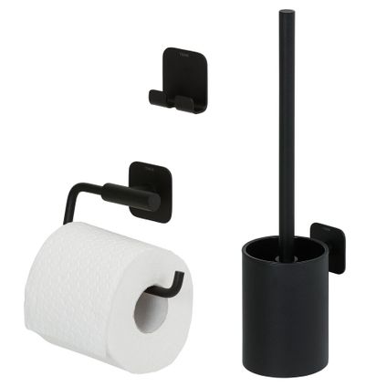 Ensemble d'accessoires de toilettes Tiger Colar porte-brosse WC + porte-rouleau papier toilette sans rabat + crochet porte-serviette noir