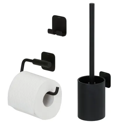 Ensemble d'accessoires de toilettes Tiger Colar porte-brosse WC + porte-rouleau papier toilette sans rabat + crochet porte-serviette noir 2