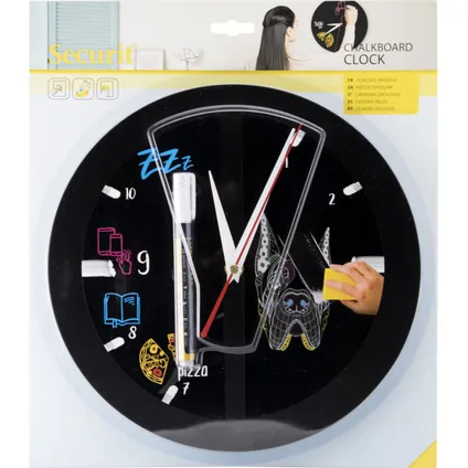 Tableau noir Securit Horloge noire ⌀27cm avec marqueur craie et bandes de montage 16