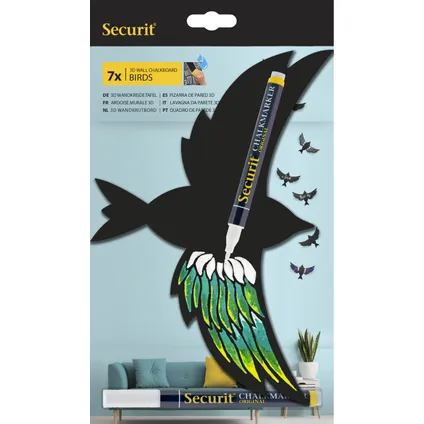 Securit krijtbordset 3D vogel zwart 7 stuks met  krijtmarker en bevestigingsstrips 9