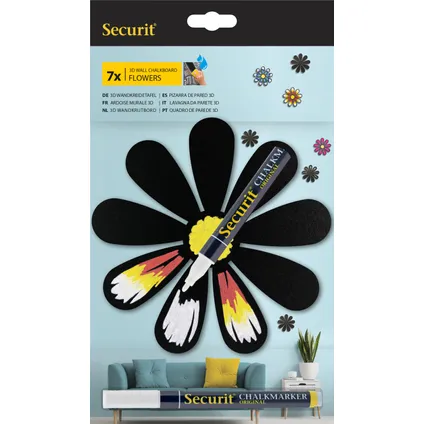 Securit krijtbordset 3D bloem zwart 7 stuks met  krijtmarker en bevestigingsstrips 7