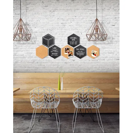 Set de tableau de liège et tableau noir Securit Hexagon 7 pcs avec marqueur craie, punaises et bandes de montage 10