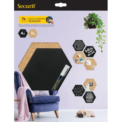 Set de tableau de liège et tableau noir Securit Hexagon 7 pcs avec marqueur craie, punaises et bandes de montage 15