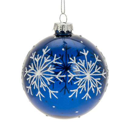 Kerstbal glas sneeuwvlok donkerblauw 8cm